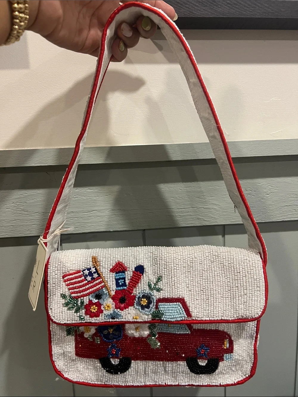 Beaded Red Truck Shoulder Bag with Patriotic Floral Embroidery